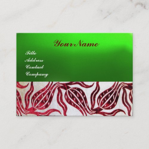 RED VELVET DAMASK TULIPS MONOGRAM Burgundy Green Business Card