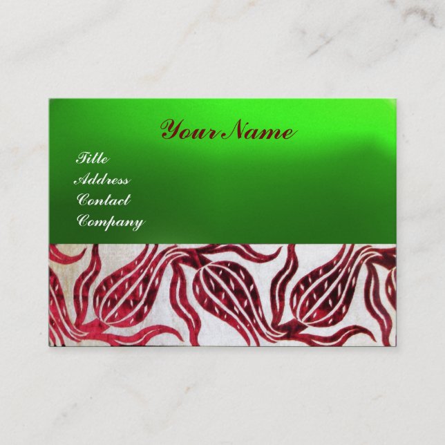 RED VELVET DAMASK TULIPS MONOGRAM Burgundy Green Business Card (Front)
