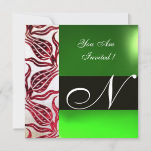 RED VELVET DAMASK TULIPS MONOGRAM Burgundy Green Invitation