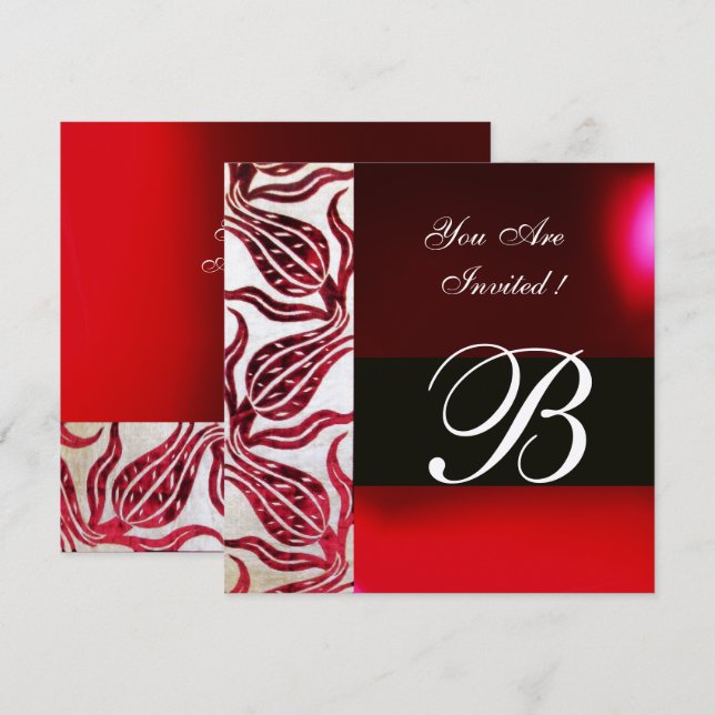 RED VELVET DAMASK TULIPS MONOGRAM Burgundy Silver Invitation (Front/Back)