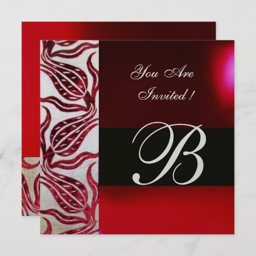 RED VELVET DAMASK TULIPS MONOGRAM Burgundy Silver Invitation