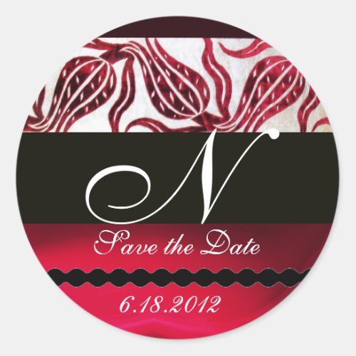 RED VELVET DAMASK TULIPS MONOGRAM Burgundy White Classic Round Sticker