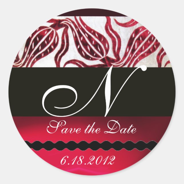 RED VELVET DAMASK TULIPS MONOGRAM Burgundy White Classic Round Sticker (Front)