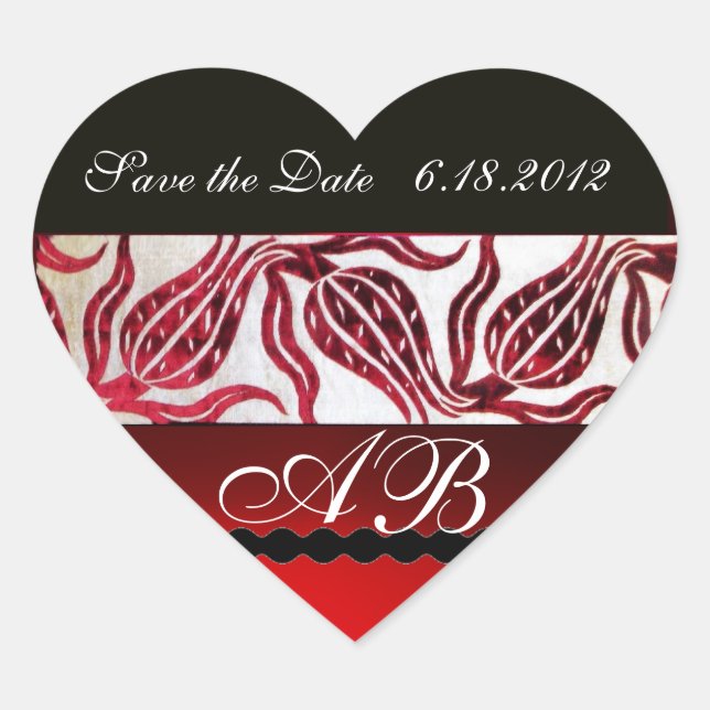 RED VELVET DAMASK TULIPS MONOGRAM Burgundy White Heart Sticker (Front)