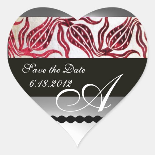 RED VELVET DAMASK TULIPS MONOGRAM Burgundy White Heart Sticker