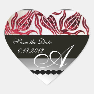 RED VELVET DAMASK TULIPS MONOGRAM Burgundy White Heart Sticker