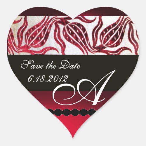 RED VELVET DAMASK TULIPS MONOGRAM Burgundy White Heart Sticker