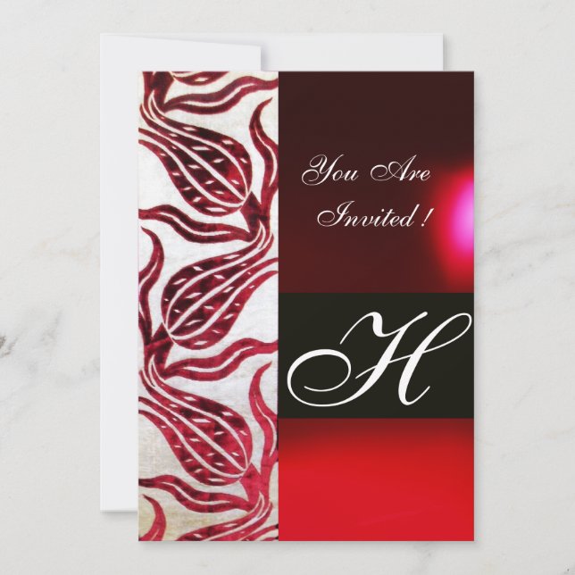 RED VELVET DAMASK TULIPS MONOGRAM Burgundy White Invitation (Front)