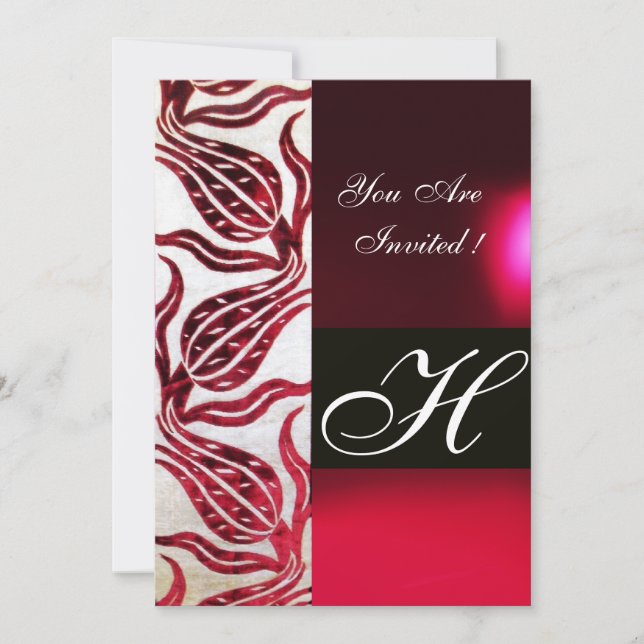 RED VELVET DAMASK TULIPS MONOGRAM Burgundy White Invitation (Front)