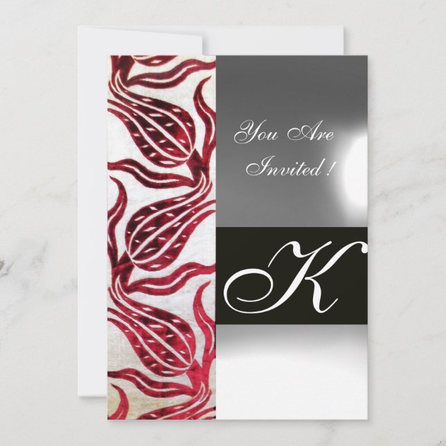 RED VELVET DAMASK TULIPS MONOGRAM Burgundy White Invitation (Front)