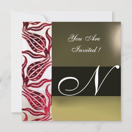 RED VELVET DAMASK TULIPS MONOGRAM Burgundy White Invitation