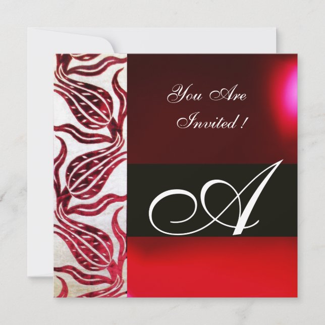 RED VELVET DAMASK TULIPS MONOGRAM Burgundy White Invitation (Front)