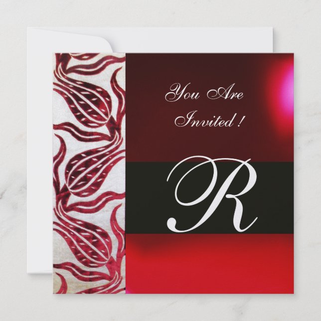 RED VELVET DAMASK TULIPS MONOGRAM Burgundy White Invitation (Front)
