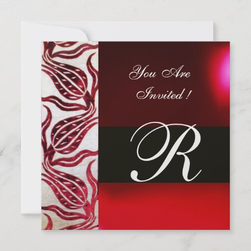 RED VELVET DAMASK TULIPS MONOGRAM Burgundy White Invitation