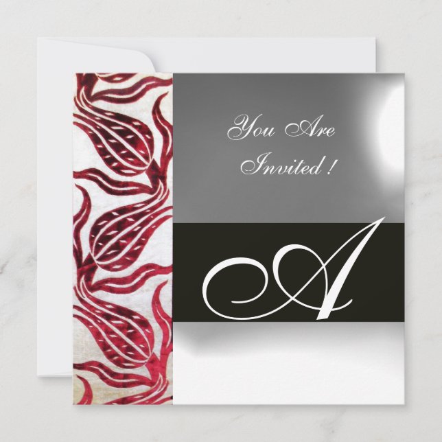 RED VELVET DAMASK TULIPS MONOGRAM Burgundy White Invitation (Front)