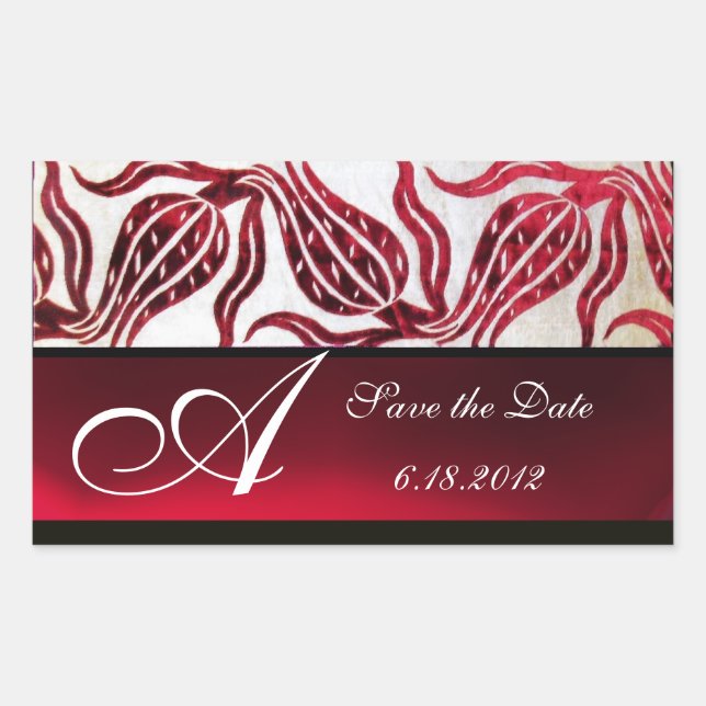 RED VELVET DAMASK TULIPS MONOGRAM Burgundy White Rectangular Sticker (Front)