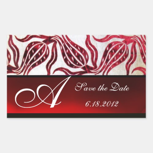 RED VELVET DAMASK TULIPS MONOGRAM Burgundy White Rectangular Sticker