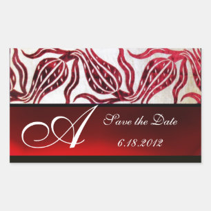 RED VELVET DAMASK TULIPS MONOGRAM Burgundy White Rectangular Sticker