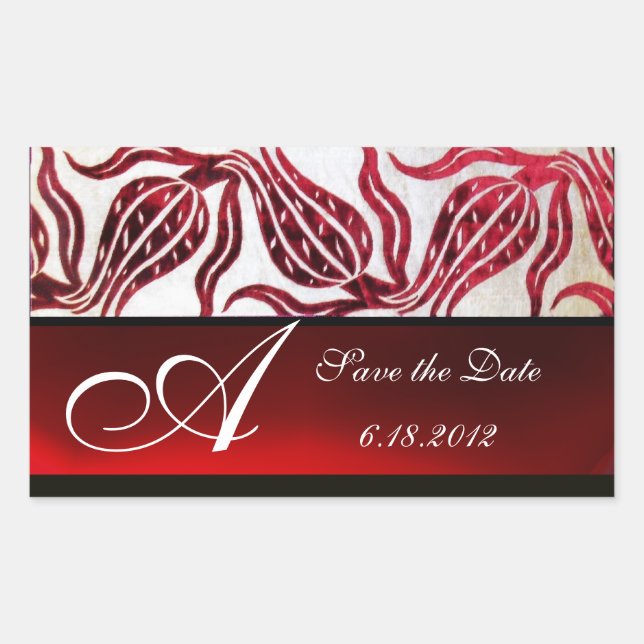 RED VELVET DAMASK TULIPS MONOGRAM Burgundy White Rectangular Sticker (Front)