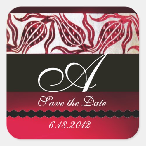 RED VELVET DAMASK TULIPS MONOGRAM Burgundy White Square Sticker