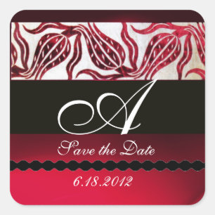 RED VELVET DAMASK TULIPS MONOGRAM Burgundy White Square Sticker