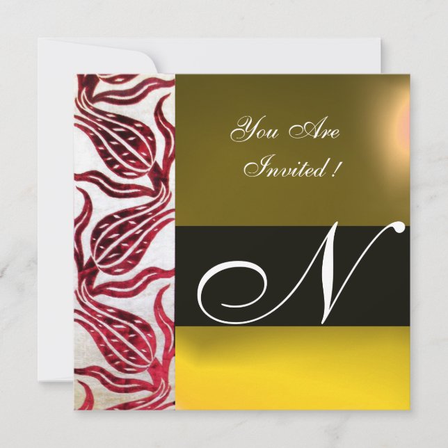 RED VELVET DAMASK TULIPS MONOGRAM Burgundy Yellow Invitation (Front)