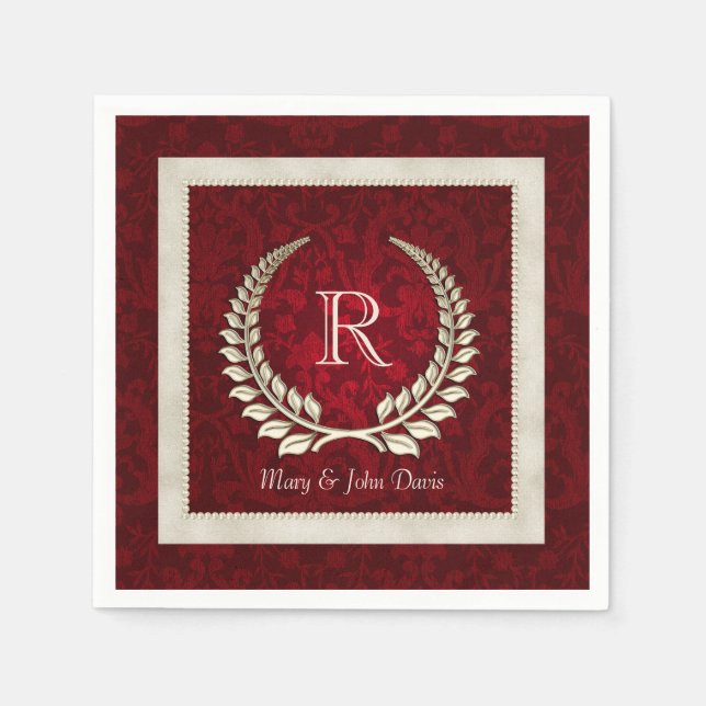 Red Velvet Damask With Pearl Frame Paper Napkins (Front)