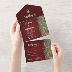 Red Velvet Elegant Christmas Botanical All In One Invitation