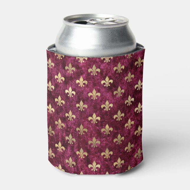 Red Velvet Fleur De Lis Mardi Gras Orleans Pattern Can Cooler (Can Front)