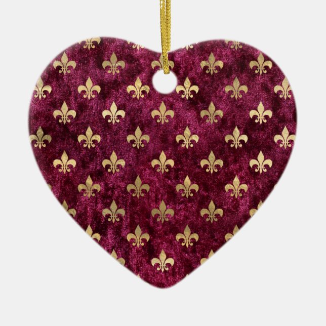 Red Velvet Fleur De Lis Mardi Gras Orleans Pattern Ceramic Ornament (Front)