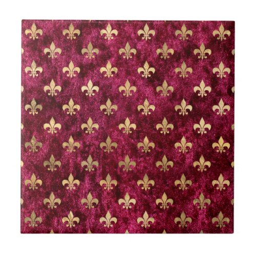 Red Velvet Fleur De Lis Mardi Gras Orleans Pattern Ceramic Tile