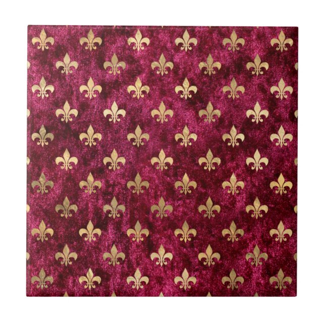 Red Velvet Fleur De Lis Mardi Gras Orleans Pattern Ceramic Tile (Front)