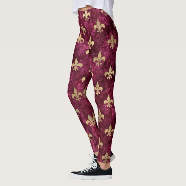 Red Velvet Fleur De Lis Mardi Gras Orleans Pattern Leggings (Left)