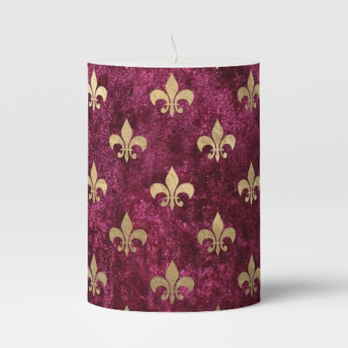 Red Velvet Fleur De Lis Mardi Gras Orleans Pattern Pillar Candle