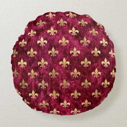 Red Velvet Fleur De Lis Mardi Gras Orleans Pattern Round Pillow