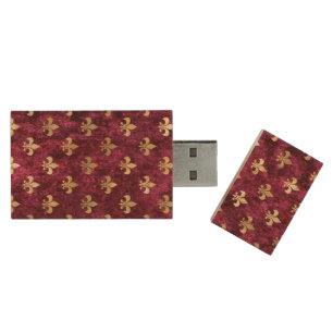 Red Velvet Fleur De Lis Mardi Gras Orleans Pattern Wood Flash Drive