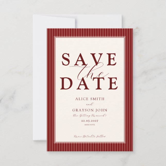 Red Velvet Script Classic Striped Wedding Save The Date (Front)