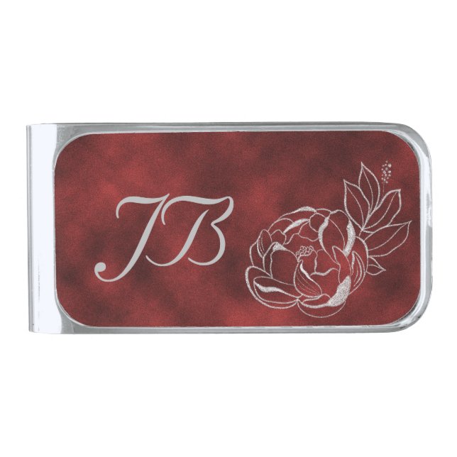 Red Velvet Silver Rose Monogram Money Clip (Front)