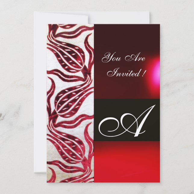 RED VELVET TULIP MONOGRAM Burgundy Champagne White Invitation (Front)