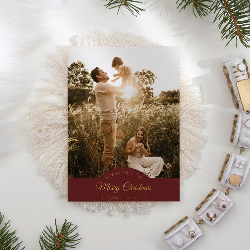 Red Very Merry Christmas Four Photo Vertical Foil Holiday Card