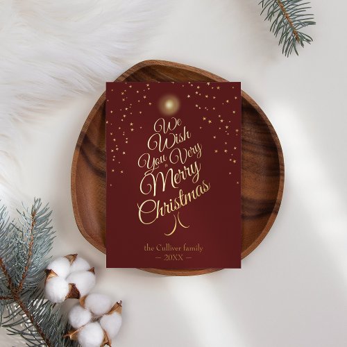 Red Very Merry Christmas Tree Family Letter Foil Holiday Card