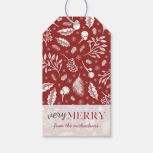 Red Very Merry Rustic Botanical with Name Gift Tags