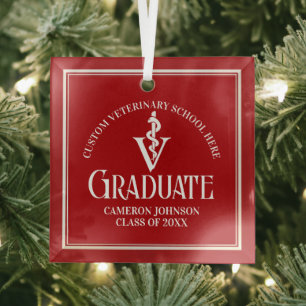Red Veterinary School Graduation Christmas Glass Ornament