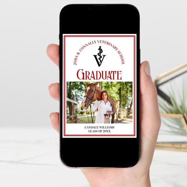 Red Veterinary School Photo Custom Graduation Announcement (Front Digital)