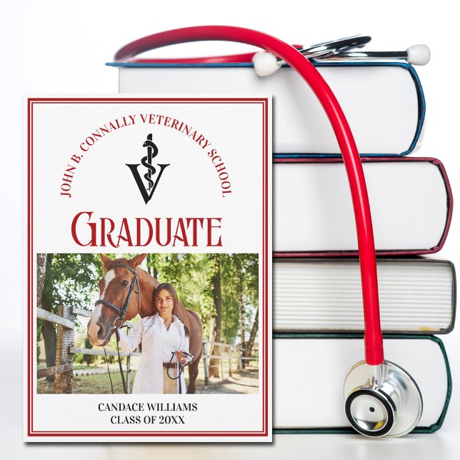 Red Veterinary School Photo Custom Graduation Announcement (Creator Uploaded)