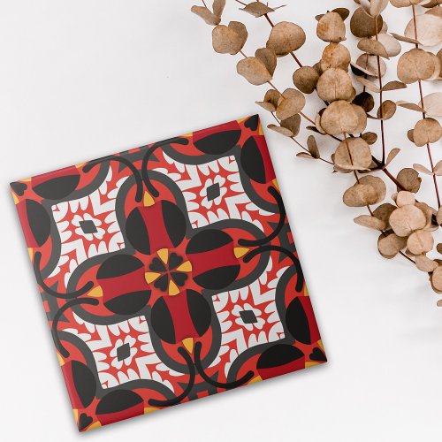 Red Vibrant Ethnic Boho Geometric Mosaic Pattern Ceramic Tile
