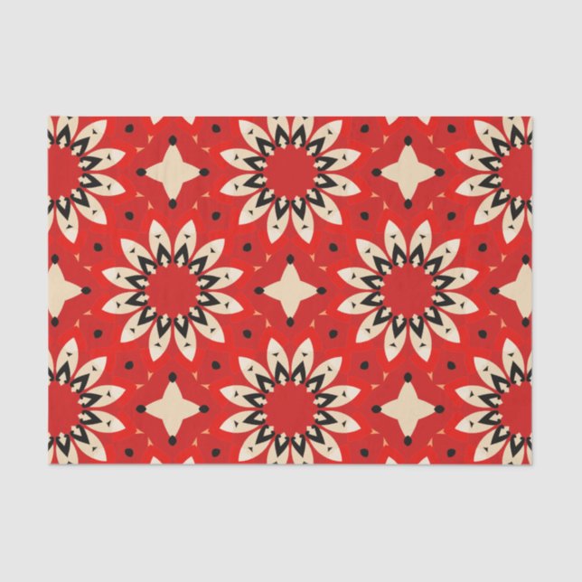 Red Vibrant Floral Ethnic Geometric Mosaic Pattern Tissue Paper (Front)
