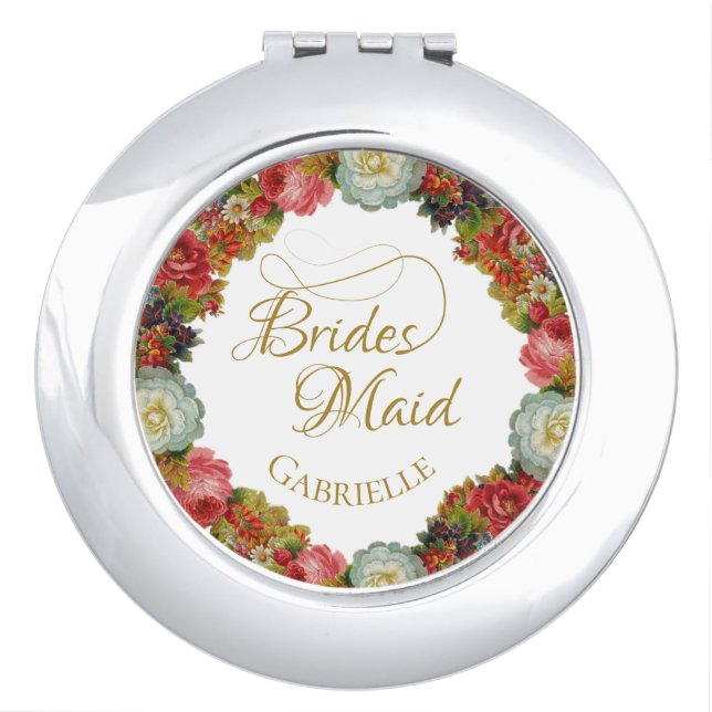 Red Victorian Roses Bridesmaid Wedding Favor Compact Mirror (Front)