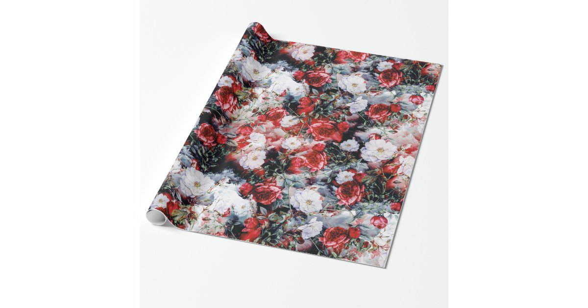 Red Victorian Roses Floral White Black Wrapping Paper | Zazzle