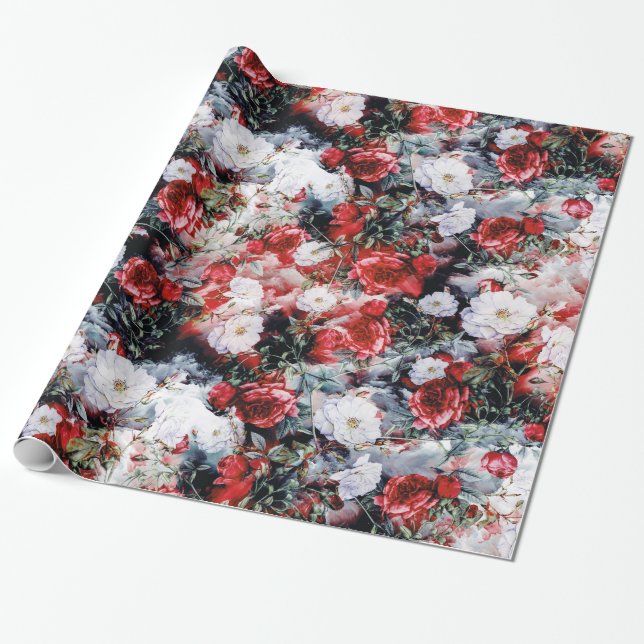 Red Victorian Roses Floral White Black Wrapping Paper (Unrolled)